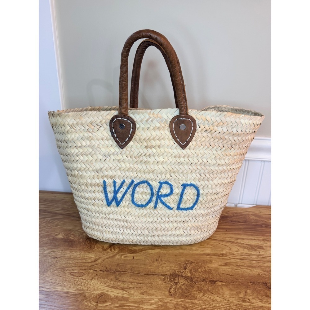 Poolside Medium Beach Tote Raffia Straw Bag Blue WORD Embroidery
